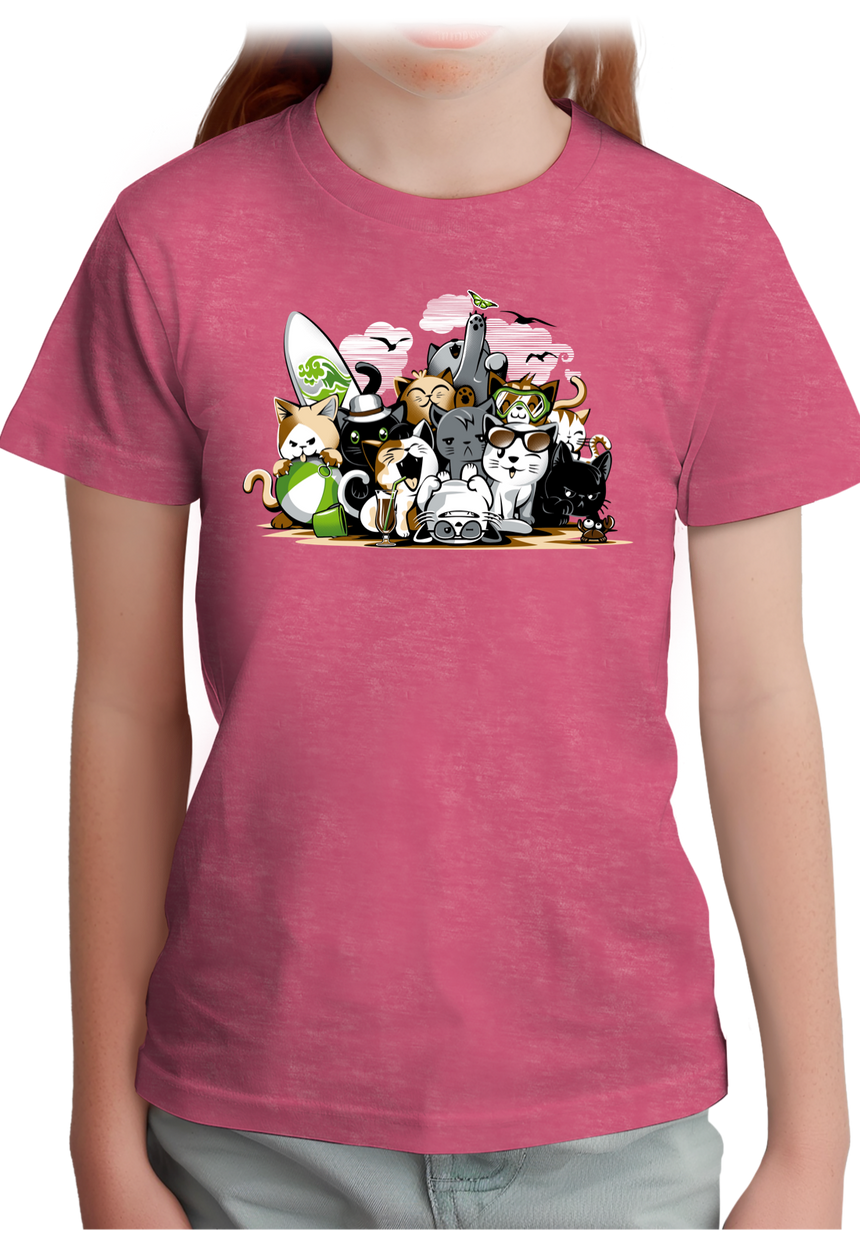 T-Shirt Fille Chats à la mer, sur la plage faisant du surf