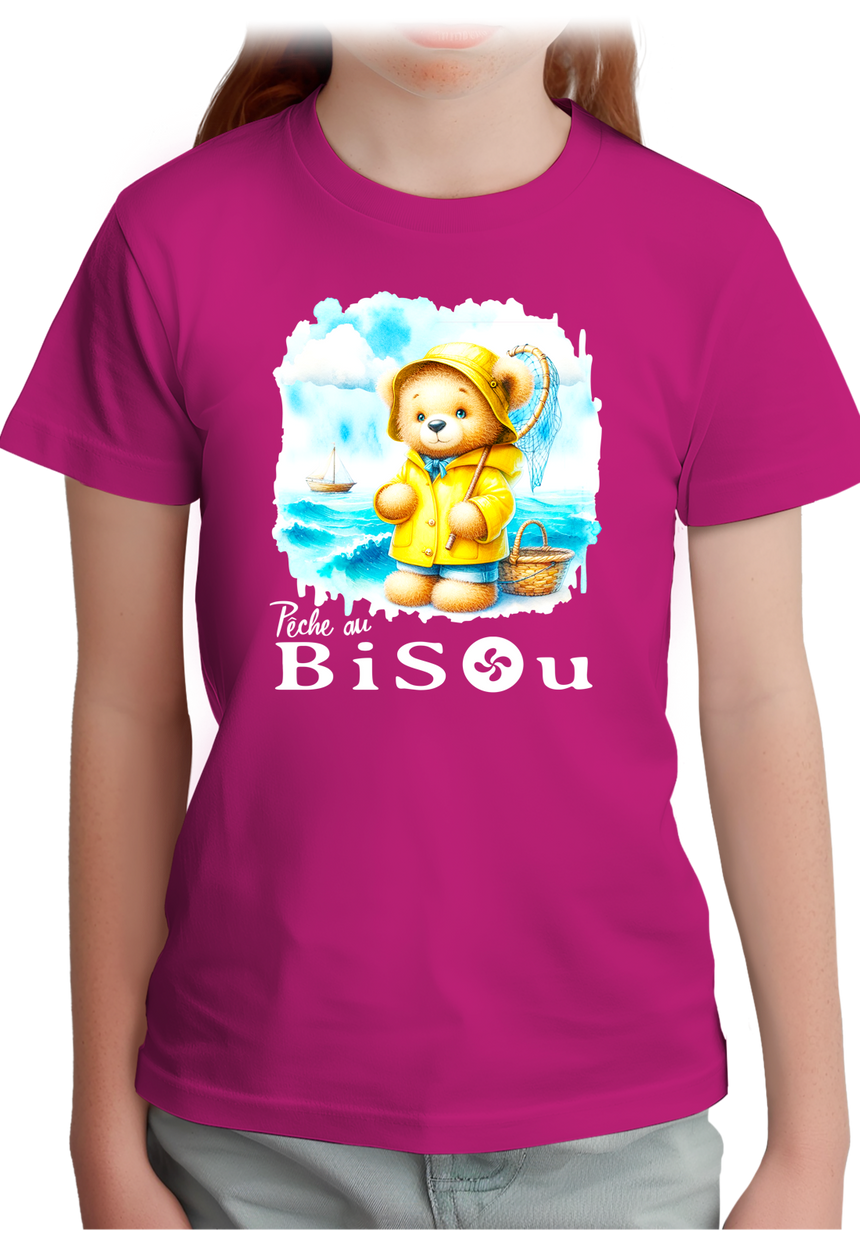T-Shirt Fille Ourson breton, pêche au bisou
