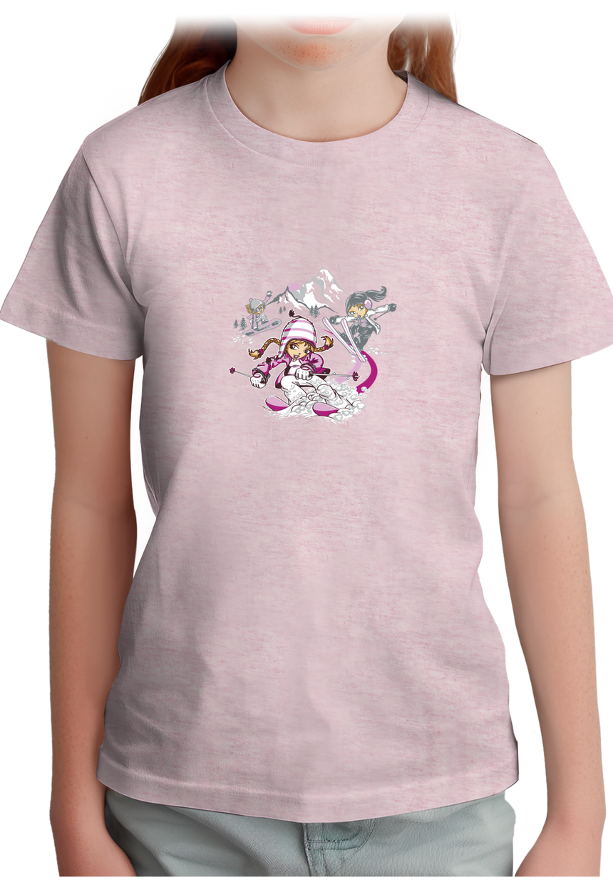 T-Shirt Fille Ski et snow à la montagne en rose