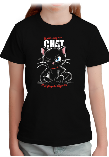 T-Shirt Fille J'habite chez mon chat et je paye le loyer