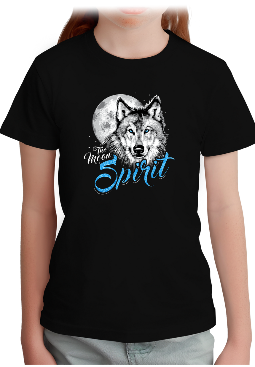 T-Shirt Fille Loup avec lune et des paillettes yeux bleu