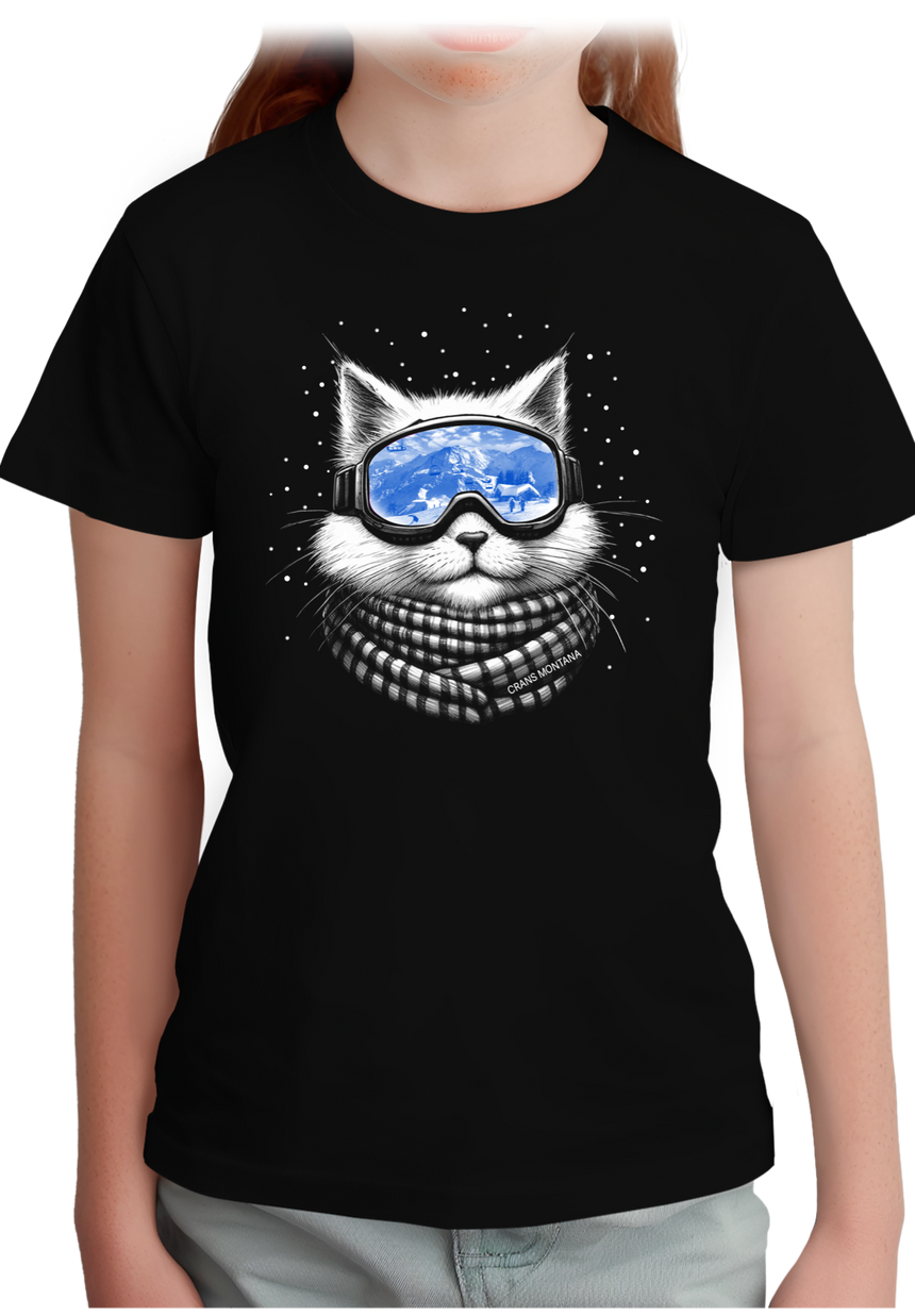 T-Shirt Fille Chat avec masque de ski à la montagne