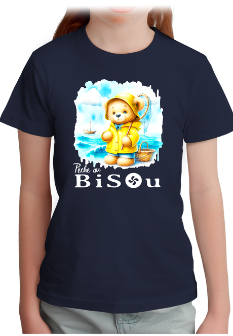 T-Shirt Fille Ourson breton, pêche au bisou