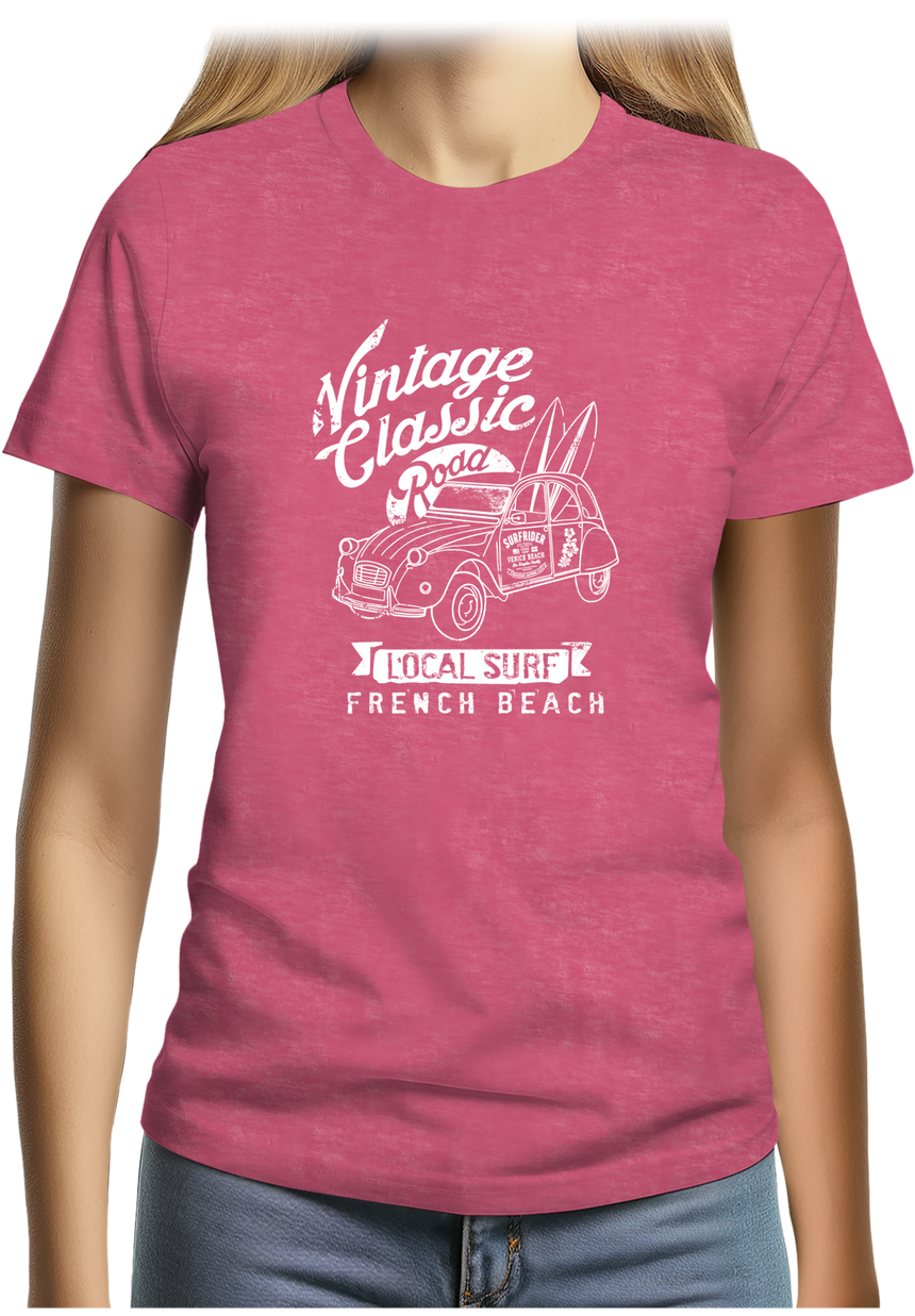 T-Shirt Femme Voiture 2CV avec planche de surf