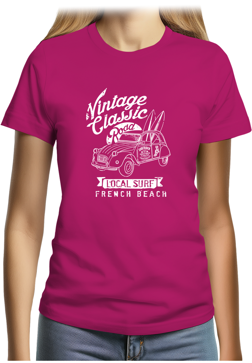 T-Shirt Femme Voiture 2CV avec planche de surf