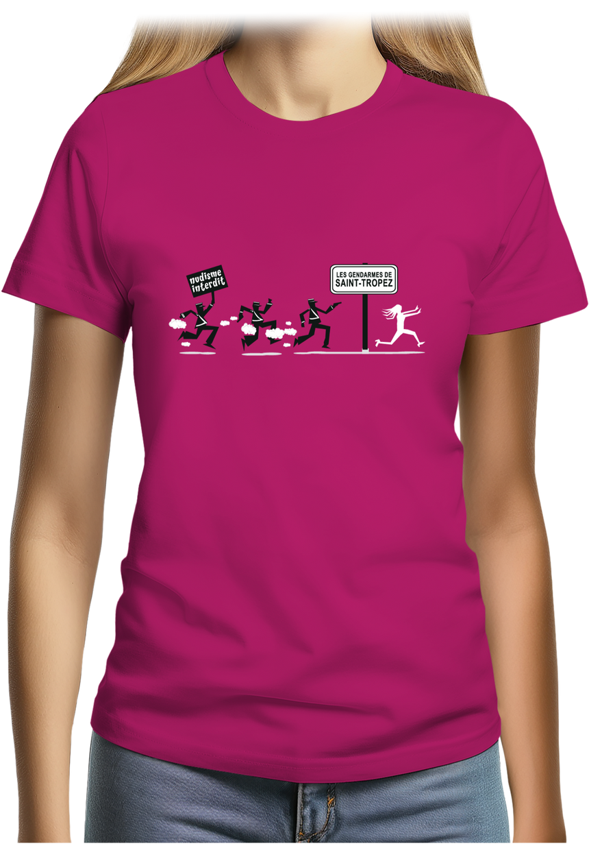 T-Shirt Femme Nudisme interdit sur la plage à St Trop (Recto/verso)
