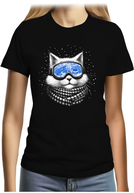 T-Shirt Femme Chat avec masque de ski à la montagne