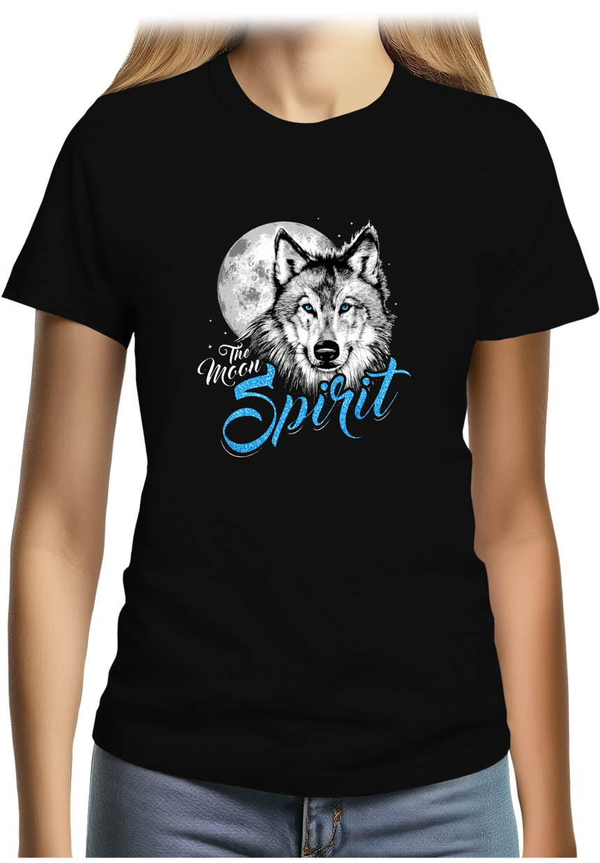 T-Shirt Femme Loup avec lune et des paillettes yeux bleu