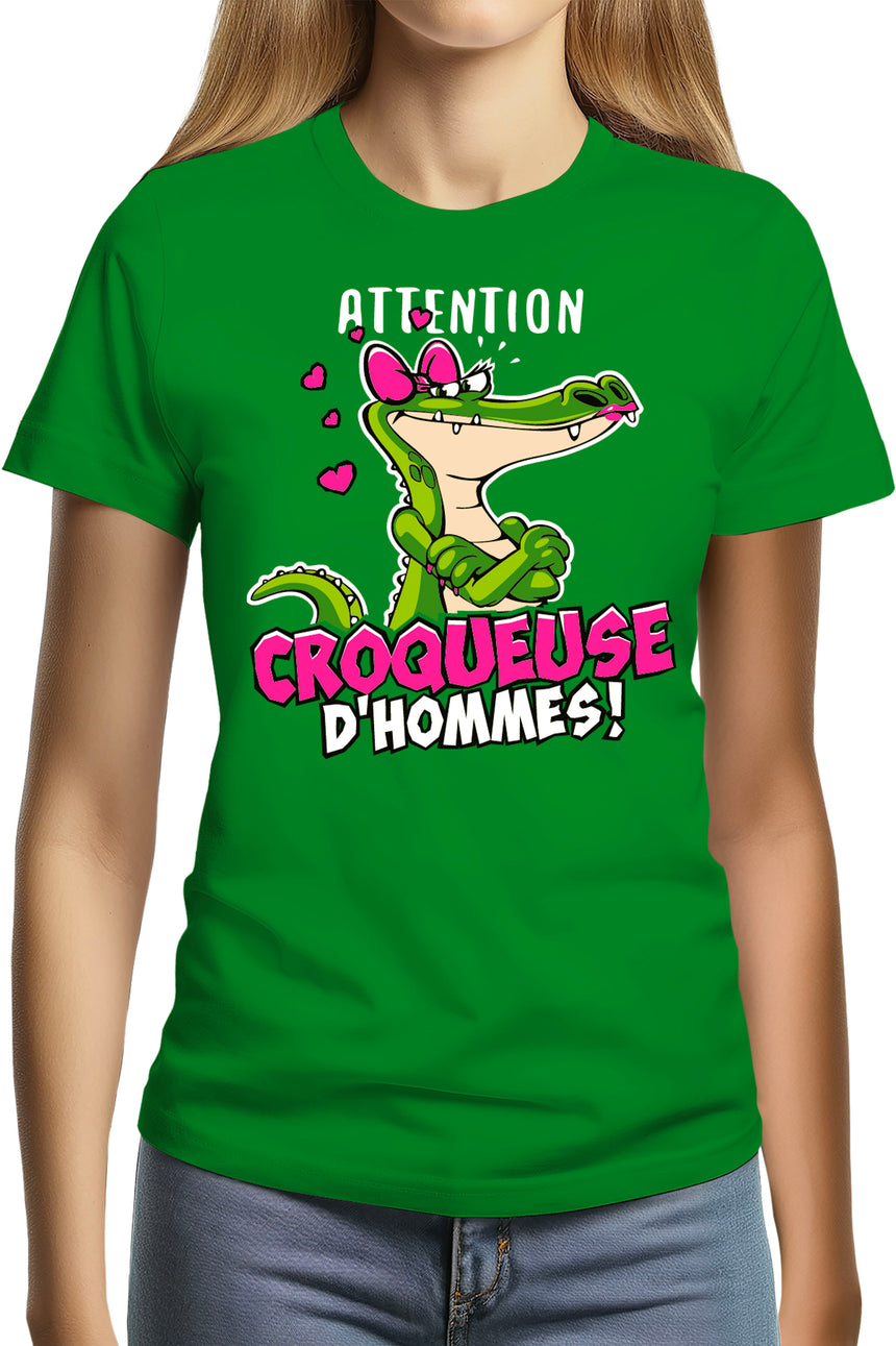 T-Shirt Femme Crocodile attention croqueuse d'hommes