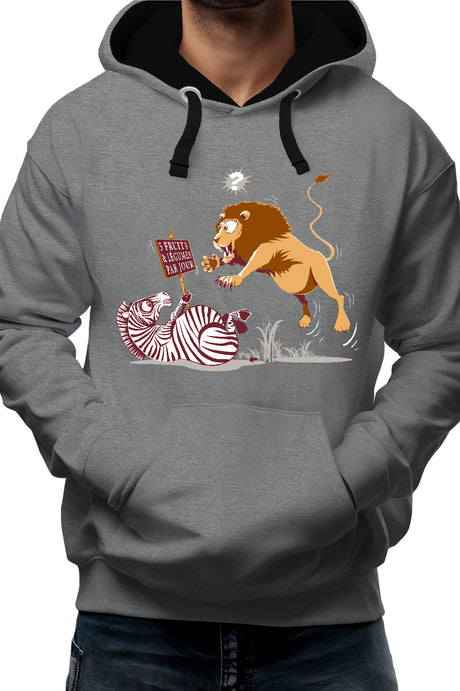 Sweat Adulte Zebre vs Lion : 5 fruits legumes par jour